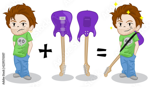 Sad cool guy sad without electric guitar. Happy man bought an electric guitar. Guitar front and back view. Funny concept of music school or musical instruments store, music production, becoming popul.