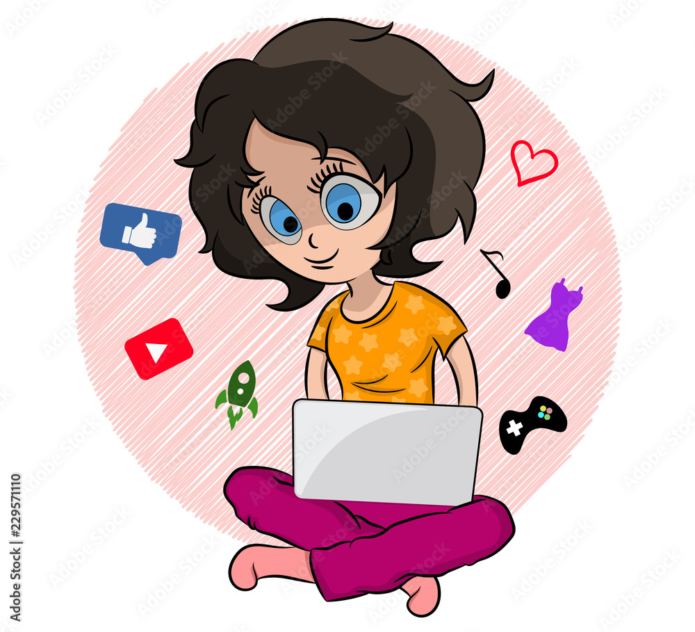 Girl with laptop performs various actions. Vector girl with laptop. Cartoon  lady. Colorful illustration. Funny personage. Cute woman with computer.  Stock Vector | Adobe Stock