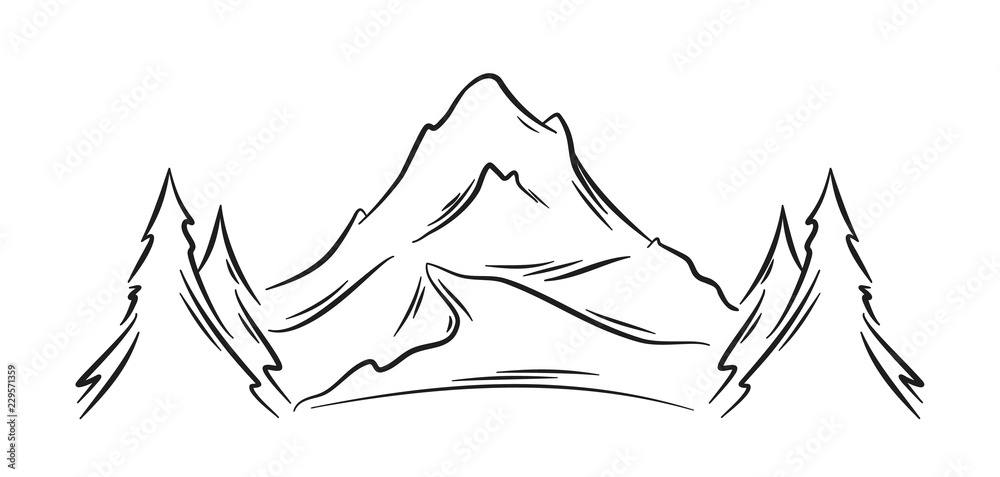 Vector illustration: Hand drawn Mountains sketch landscape with hills, pines and peak