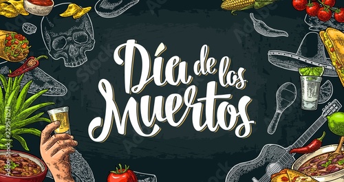 Dia de los Muertos lettering and mexican traditional food
