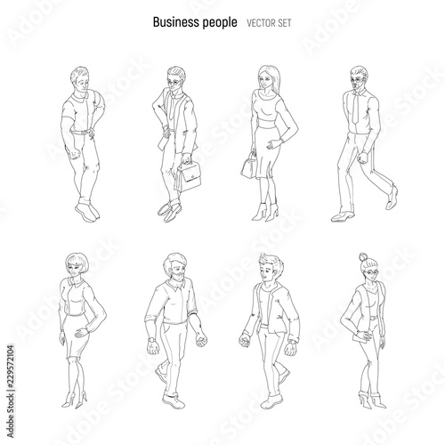 Group of people standing. Black and white outline sketch vector. Business men and women cartoon style characters isolated.