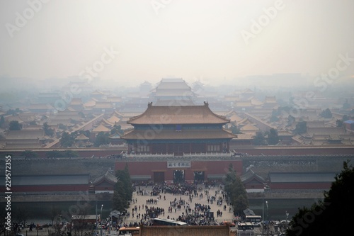 Aerial view on forbidden city, gugong, with smog in Beijing, CHINA, traditional chinese architecture