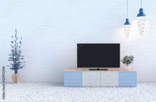 White living room decor with white wood wall, carpet, white rose in glass vase,Television,lamp,branch tree.Christmas's day and new year. 3d render.