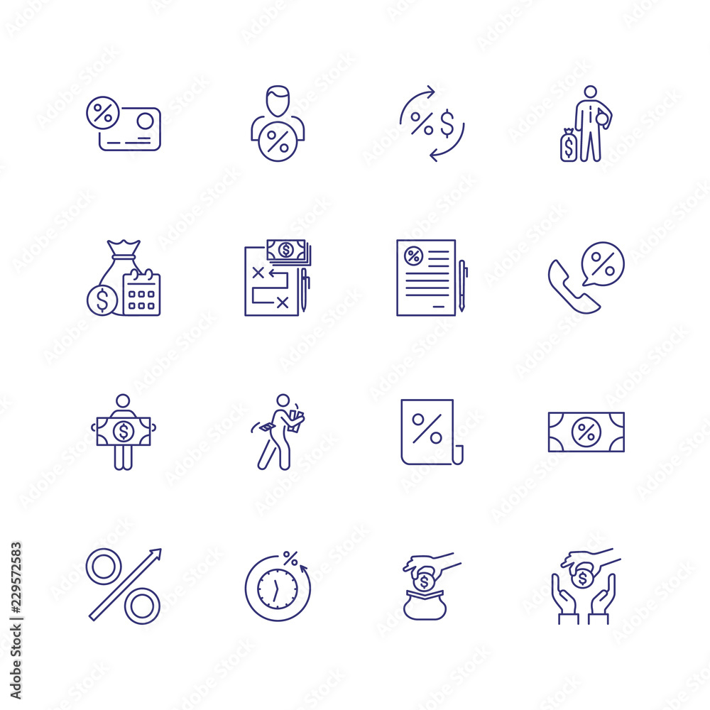 Interest line icon set. Credit card, loan agreement, banker. Finance concept. Can be used for topics like banking, saving, investment, income