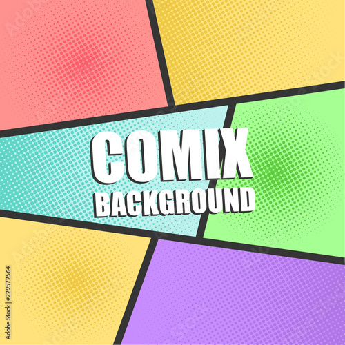 Comic book page background with radial, halftone effects and rays in pop-art style. Blank template in green, yellow, blue and red colors. Vector illustration
