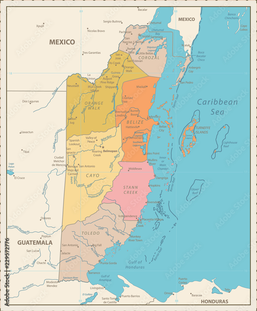 Belize Political Map Vintage Color