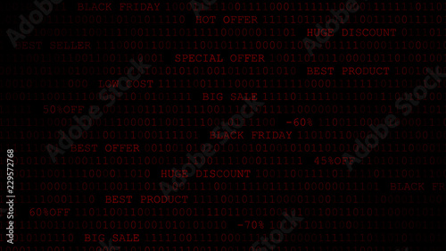 Black friday background of zeros, ones and inscriptions in dark red colors