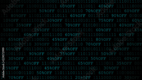 Background of zeros, ones and amount of discount in dark light blue colors