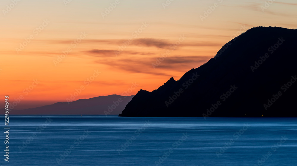 Beautiful sunset on Punta Mesco, Cinque Terre park, Liguria, Italy