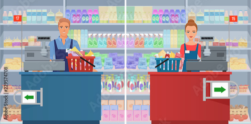 Young man and woman cashier at the checkout in supermarket. Vector female and male cashier working at the cash register.