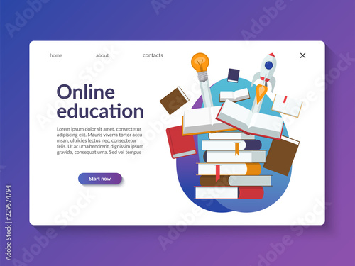 Online education landing page template. Flat design vector illustration of a pile of open and closed books. Concept of new idea and project startup via learning, reading, knowledge.