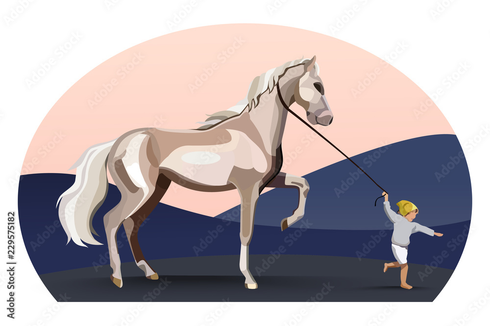 Cute cartoon little horses and kid set. vector In the evening sky