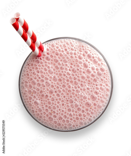 Glass of strawberry  Milkshake with frothy bubbles and straws