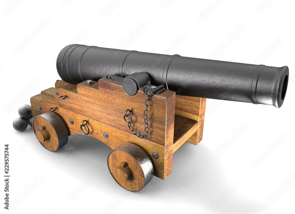 Cannon old set on background. 3D rendering.