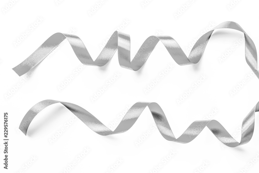 Silver satin ribbon in bright white pearl gray color isolated on white background with clipping path Silver satin ribbon in bright white pearl gray color isolated on white background with clipping path
