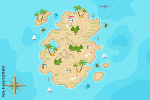 Pirate fantasy cartoon island map. Vector Treasure island.