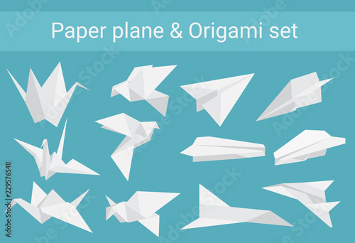 Vector set of paper planes airplane and cranes origami birds.