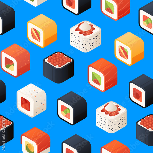Vector isometric sushi pattern or background illustration. 3d food traditional