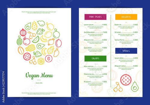 Vector line fruits icons vegan cafe or restaurant menu template illustration