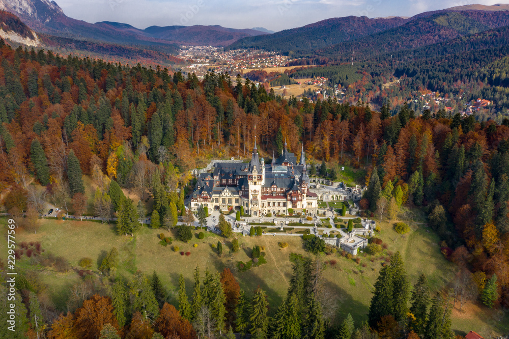 Obraz premium Aerial view of Peles Castle in Sinaia, Romania