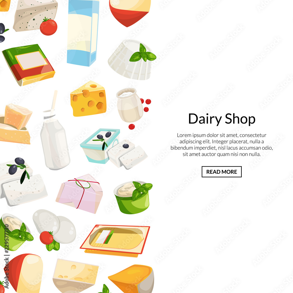 Vector cartoon dairy and cheese products background with place for text illustration. Food web banner Vector cartoon dairy and cheese products background with place for text illustration. Food web banner