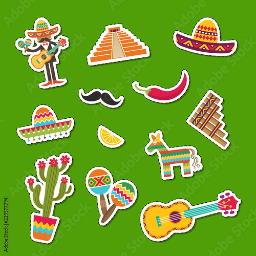 Vector flat Mexico attributes sticker set illustration isolated on green