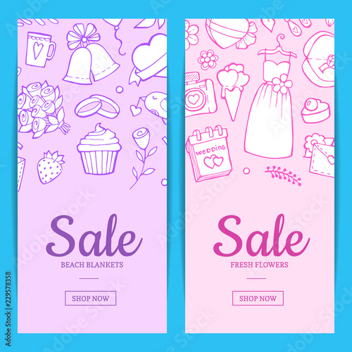 Vector doodle wedding elements sale web banner and poster page templates illustration