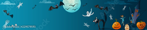 Halloween poster with castle on the background of the moon, spider web, pumpkin and cat on blue background. Happy Halloween.