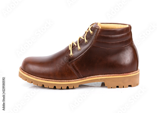 Men's brown boot isolated on white background.