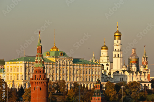 Smoggy sky over Moscow Kremlin. Golden light of autumn.