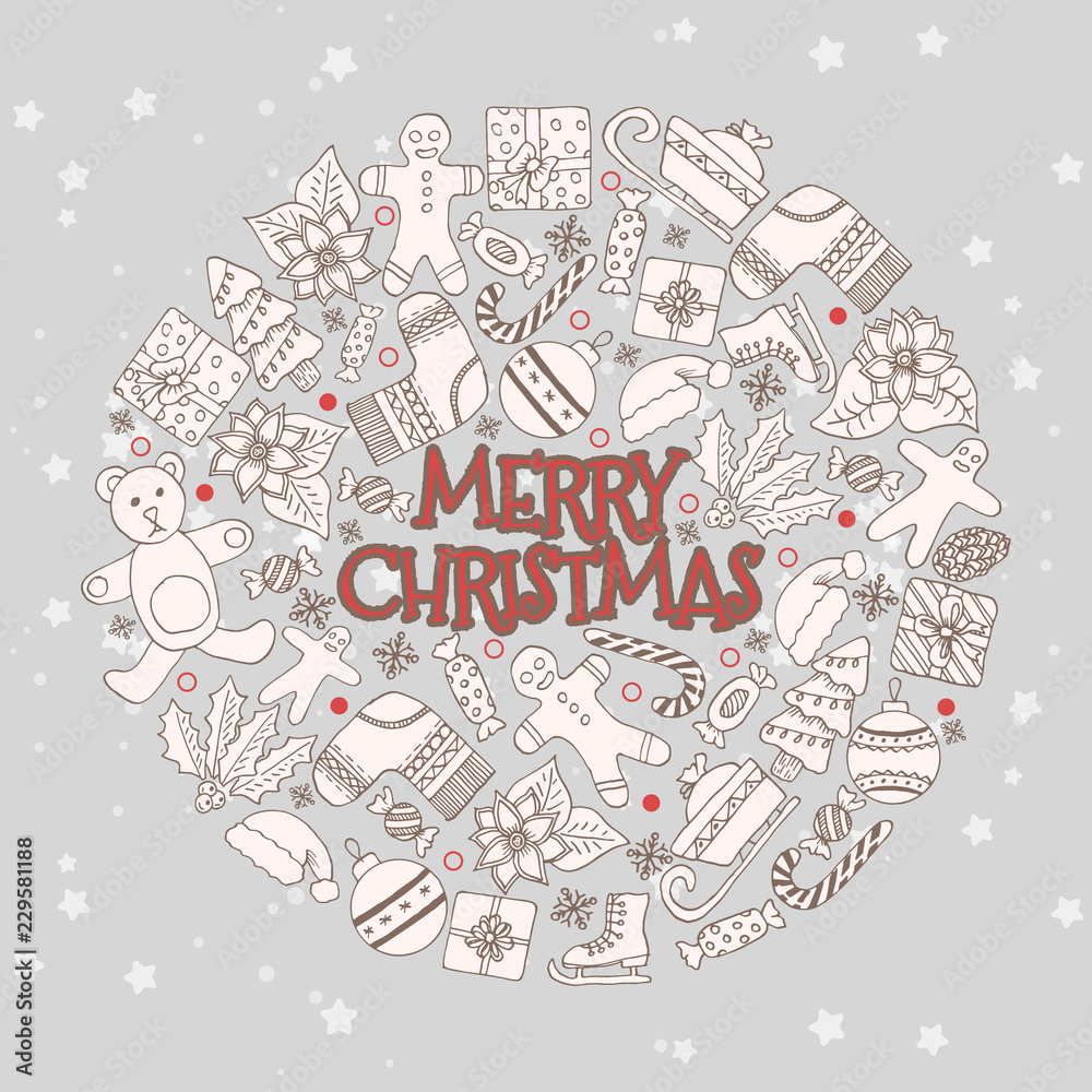 Vector pattern with hand drawn fir trees, gift, bows, christmas toys. Seasonal winter background on the white paper