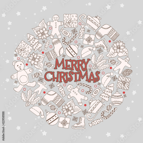 Vector pattern with hand drawn fir trees  gift  bows  christmas toys. Seasonal winter background on the white paper