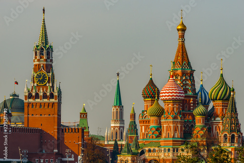 Spasskaya tower of Moscow Kremlin and Saint Basil’s cathedral