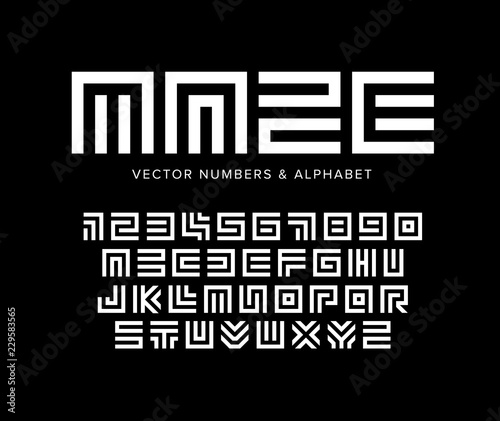 Geometric vector letters and numbers set. Maze alphabet. White logo template on black background. Typography design.