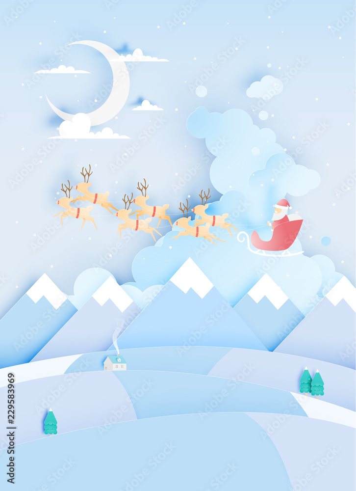 Obraz premium Santa claus on the sleigh with beautiful sky in paper art and pastel schenme