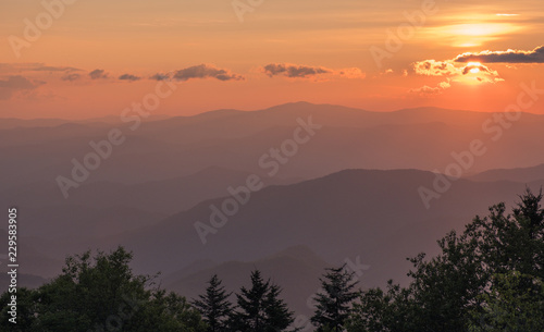 Great Smoky Mountains National Park  North Carolina  USA - July 4  2018  Mountain layers full of colorful foliage right after sunset in the Great Smoky Mountains