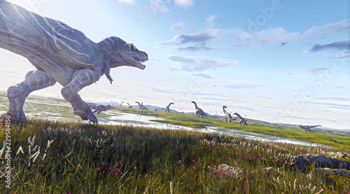 Fototapeta Naklejka Na Ścianę i Meble -  A 3D rendering of a pack of Tyrannosaurus Rex chasing down a herd of Alamosaurus in the wetlands of Hell Creek.