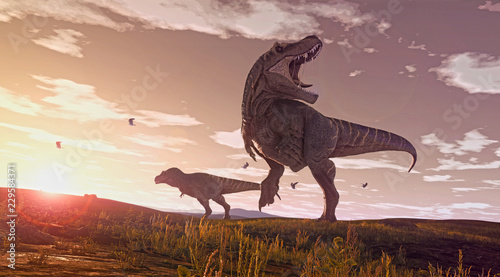 A 3D rendering of two Tyrannosaurus Rex roaming some open fields at dusk.