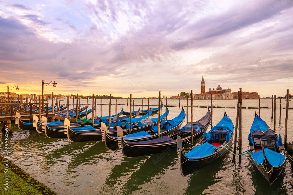 Venice Italy, sunrise city skyline at Grand Canal and Gondola boat