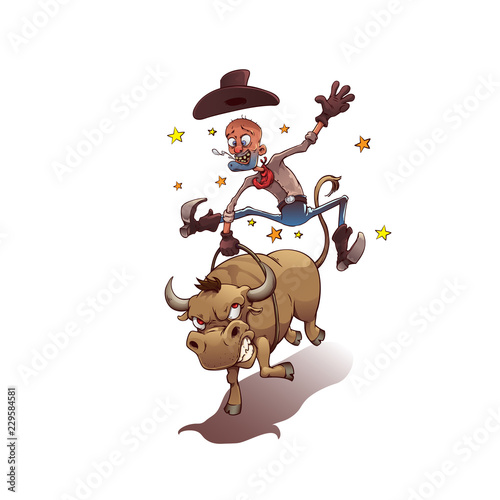 Cowboy riding a bull. Fun Cartoon Style Design. Vector illustration, eps 10.