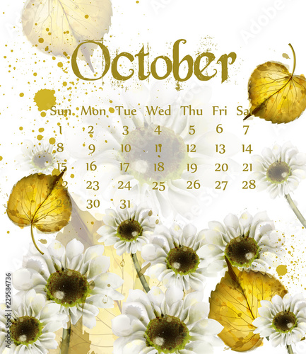 Autumn October calendar with golden leaves Vector. Fall watercolor style decors