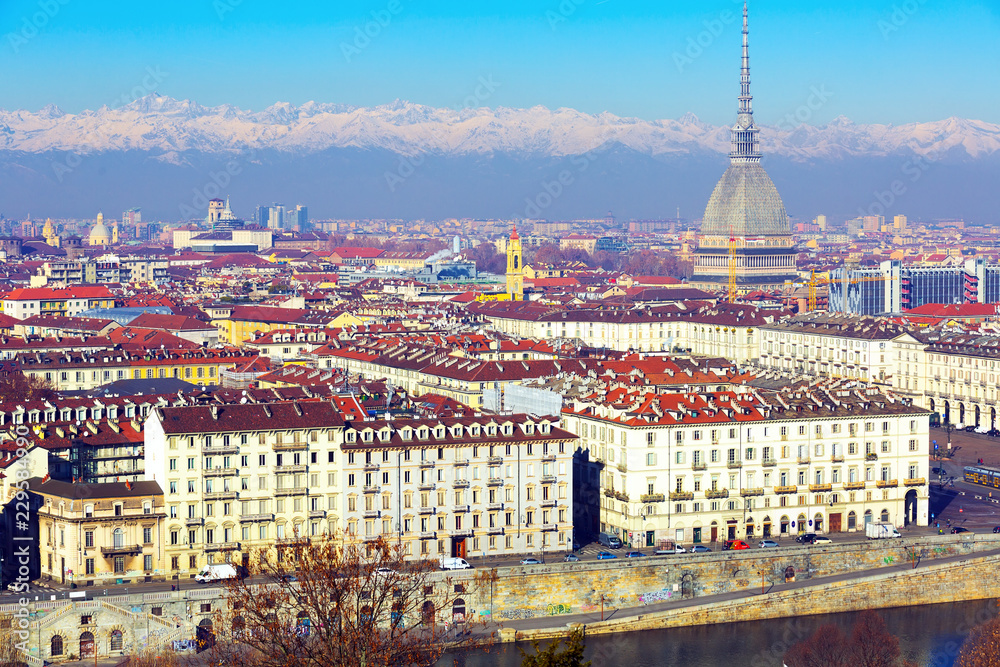 View of Turin with Mole Antonelliana, Italy