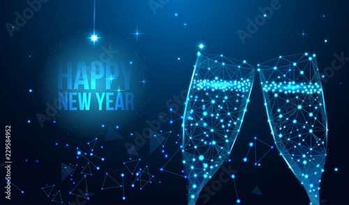 Happy New Year Card with glasses of champagne. Geometric polygonal 2019 new year greeting card. Low polygon