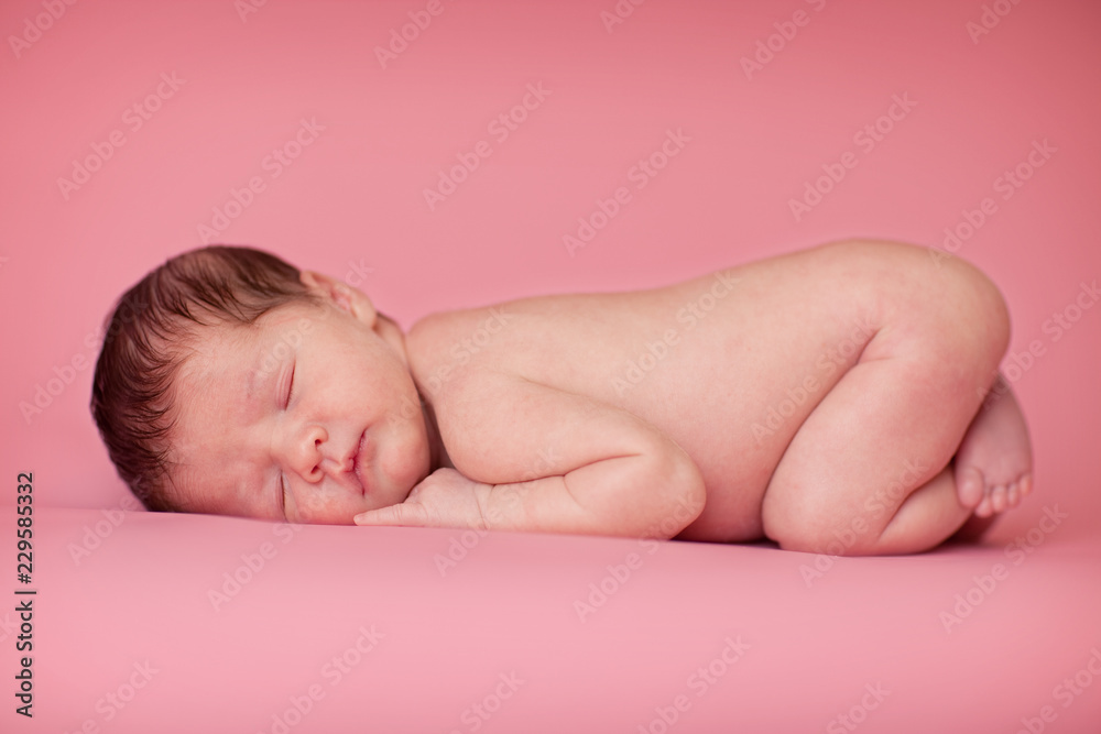 Newborn Baby Girl Sleeping, Isolated on Pink - obrazy, fototapety, plakaty 