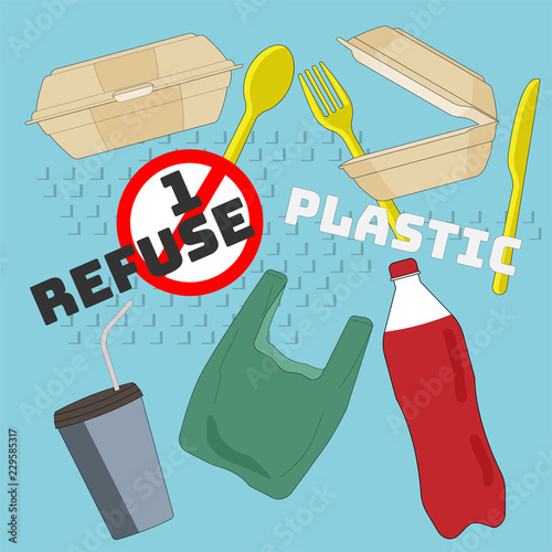 Typographic design with outline flat symbols of single-use plastic product. Refuse single-use plastic concept. Vector illustration. 