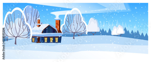 Winter landscape with cottage and trees vector illustration. Snowy country scene. Country house concept. For websites, wallpapers, posters or banners.