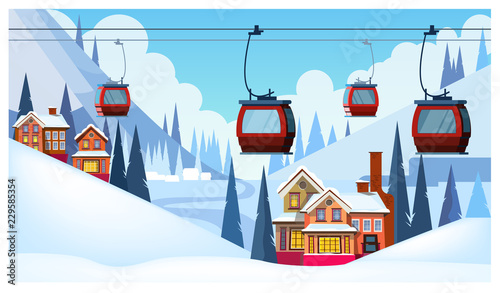 Winter landscape with guest houses and ski cable cars. Snowy country scene vector illustration. Ski resort concept. For websites, wallpapers, posters or banners.