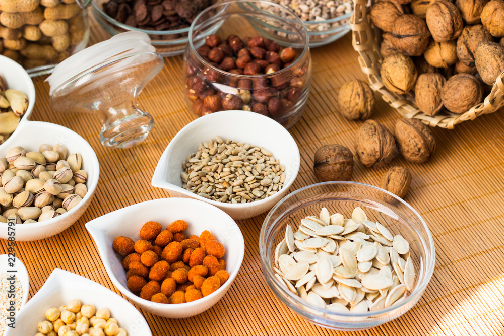 A collection of different dry fruits. Legume family A collection of different dry fruits. Legume family