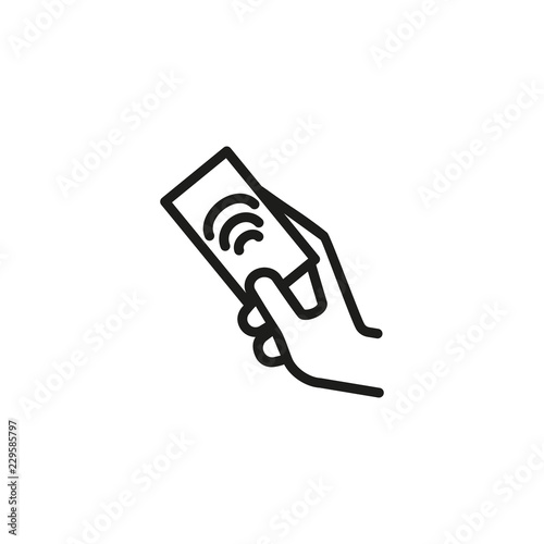 Hand holding identification card line icon. RFID card, access control, blue key card. Biometrics concept. Vector illustration can be used for topics like security, technology, protection