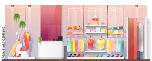 Interior scene of modern women clothing store , vector , illustration
